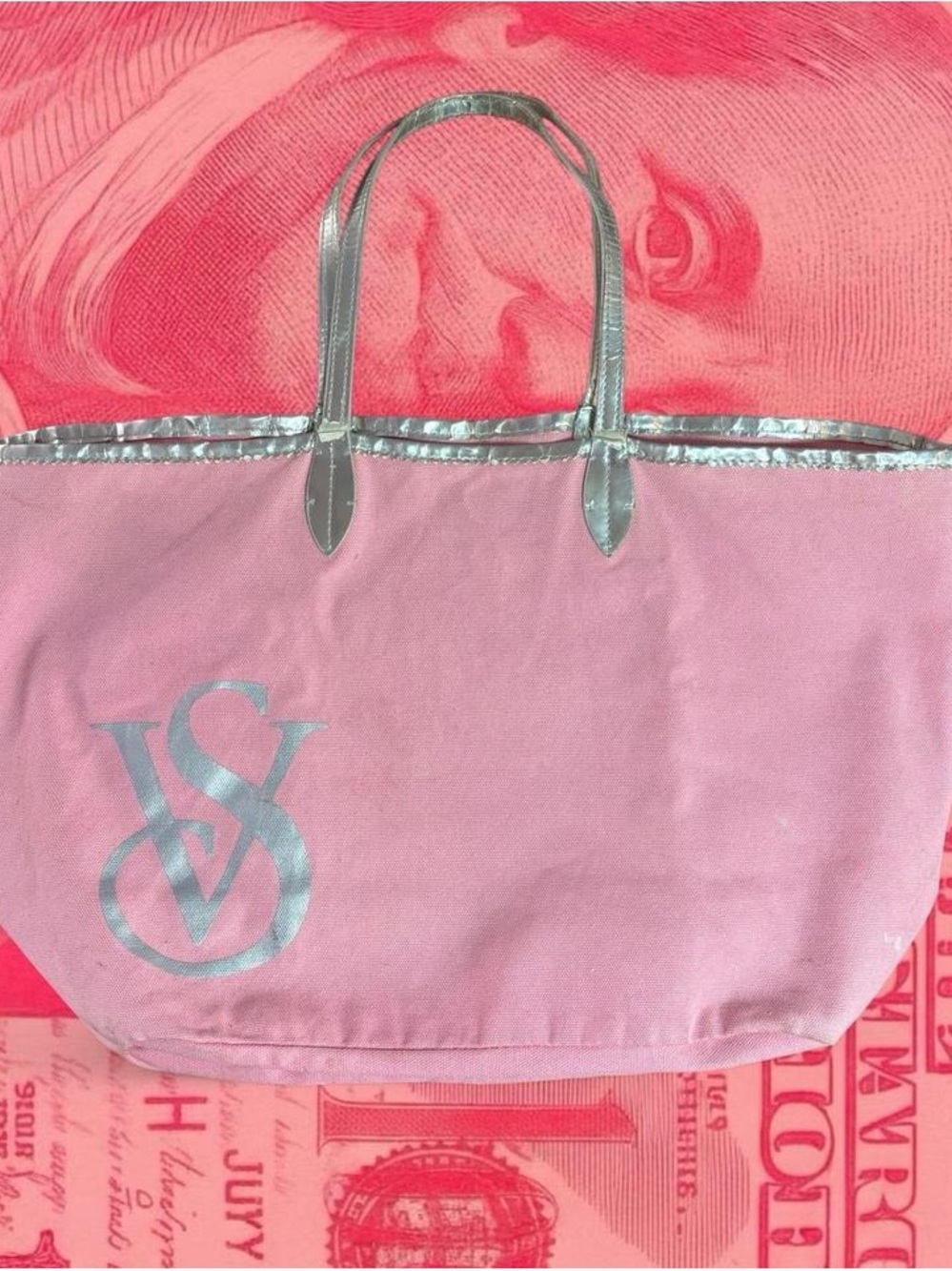 victoria's secret angels pink y2k tote summer beach bag with shiny silver logo